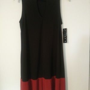 Black and orange sleeveless dress.